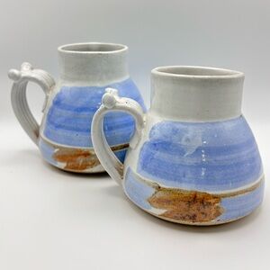 Vintage set His/Hers Handcrafted Blue and Brown Studio Pottery Mug Set Tip Proof
